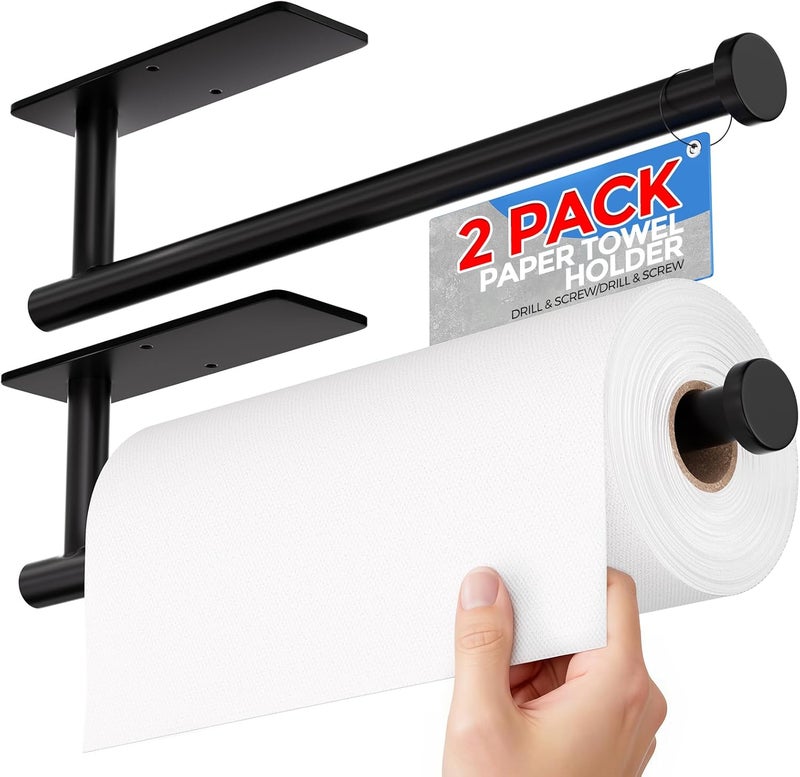 zaa Paper Towel Holder - 2 Pack Under Cabinet Paper Towel Holder, Fits Mega Paper Towel Rolls, Wall Mount Rack for Kitchen, Bathroom, RV, Adhesive or Screw Installation, Black - Image 1